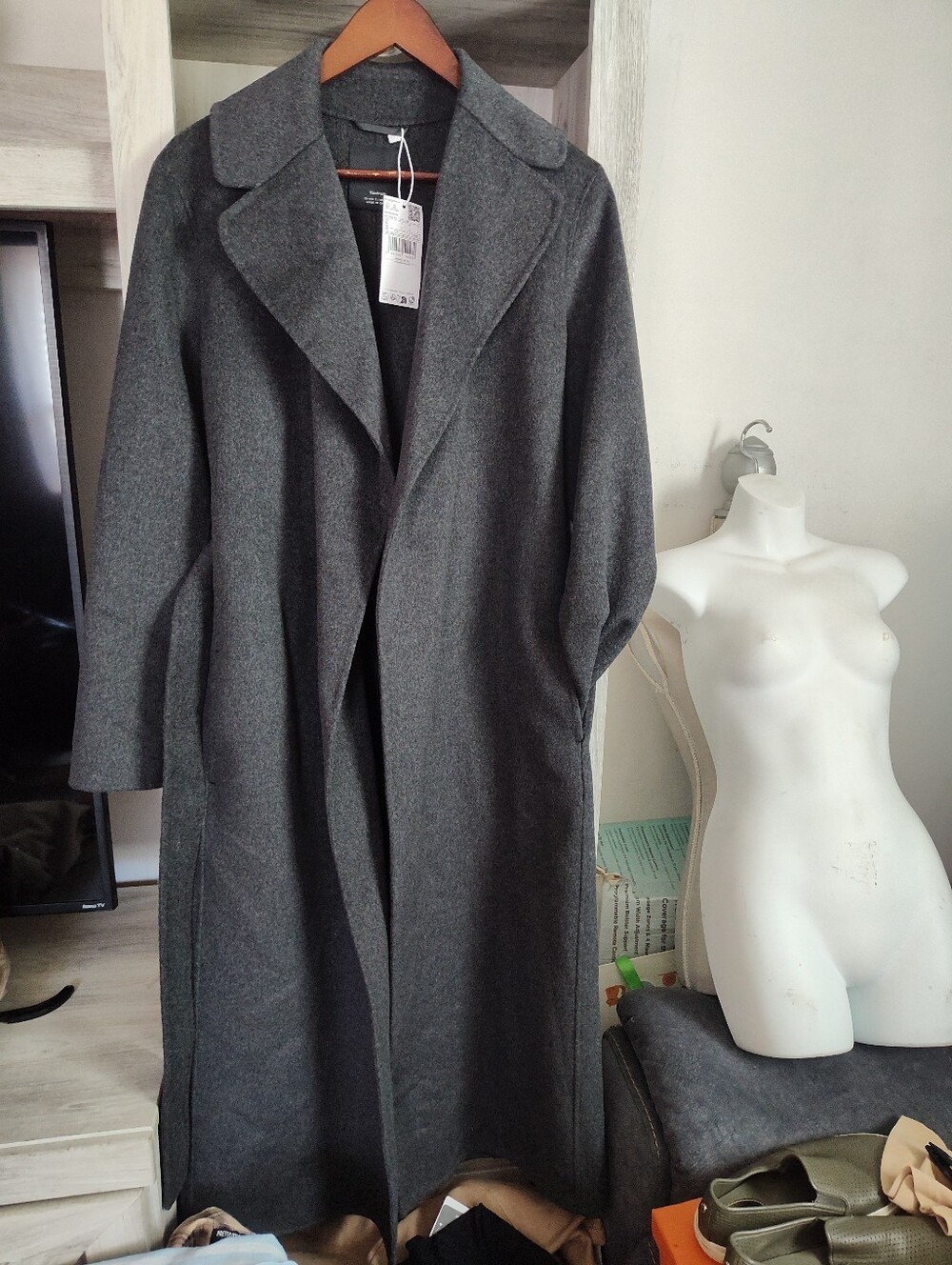 Mango Dark Gray Long Wool-Blend Trench Coat SZ S New With Tags